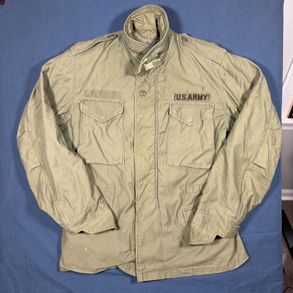 Vintage 60s Vietnam M65 Field Jacket Military Distressed Hooded Green Medium